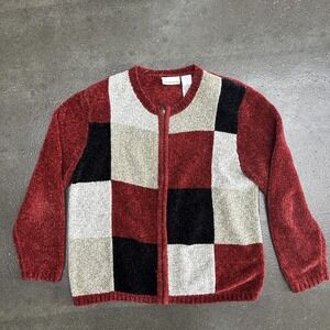 Croft & Barrow Sweater Womens Large Red Colorblock Zip Front Chenille Cardigan